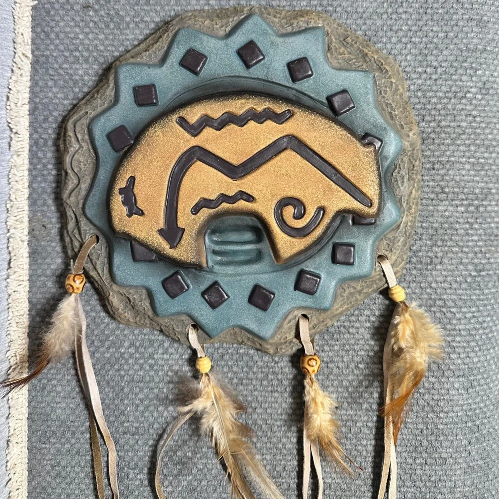 Southwestern Buffalo Bear Wall Art Set Resin Petroglyph Plaques Feathers Beads